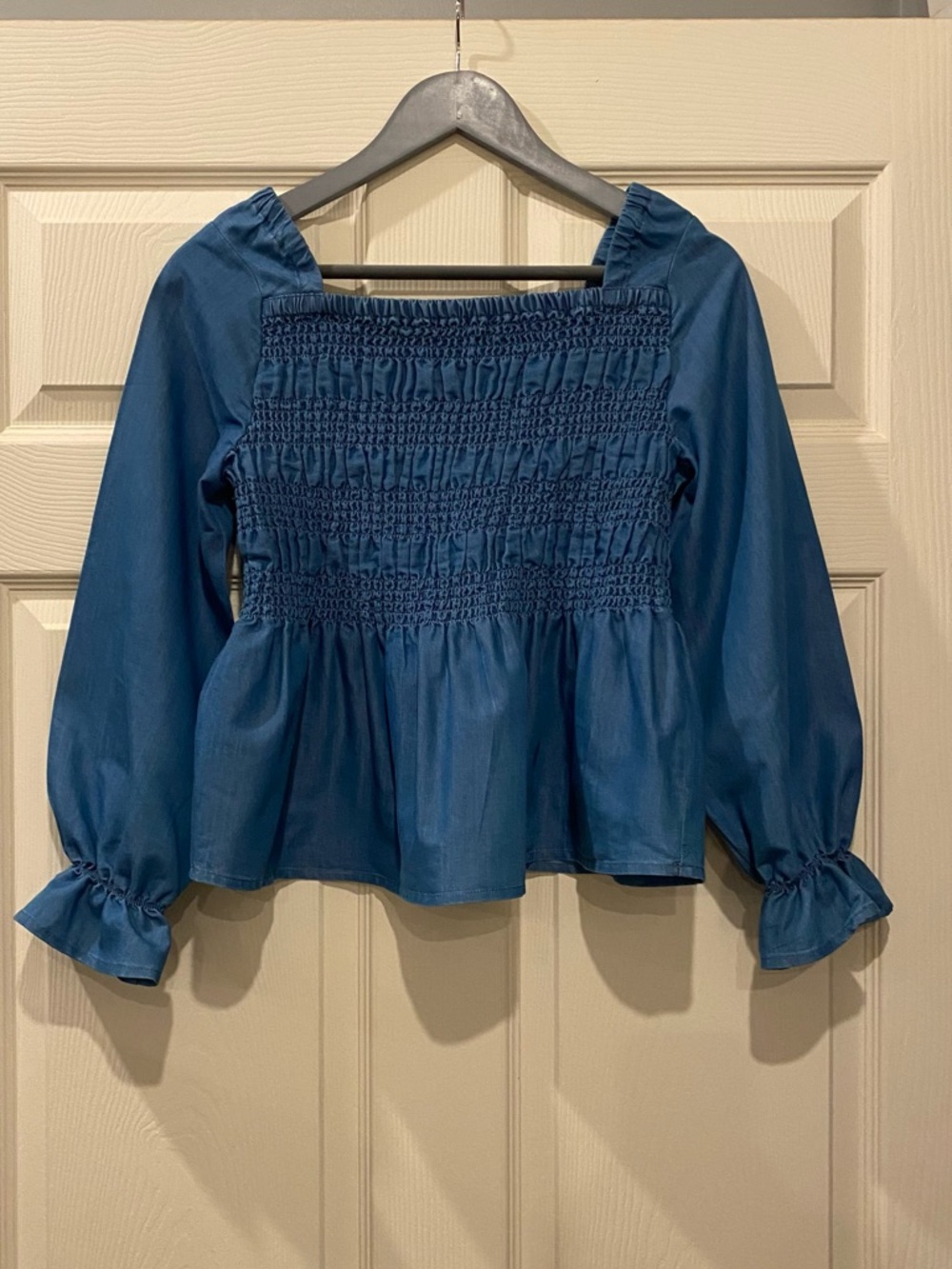 Smocked Square-Neck Peplum Blouse in Deep Blue